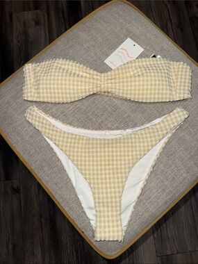 Gingham Bandeau Bikini Set in shade Latte- Women's Swim